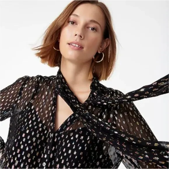 J. Crew Tie Neck Sheer Rainbow Lurex Dot Blouse Top In Black Size XS - Picture 3 of 14